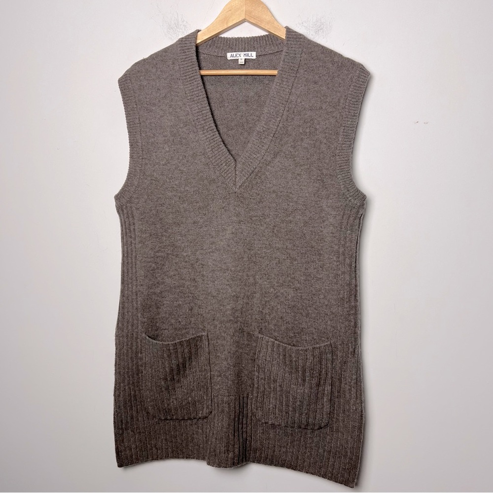 Alex Mill Kiah Wool Cashmere Brown V-Neck Tunic Sweater Vest Pockets NWOT - Picture 2 of 12